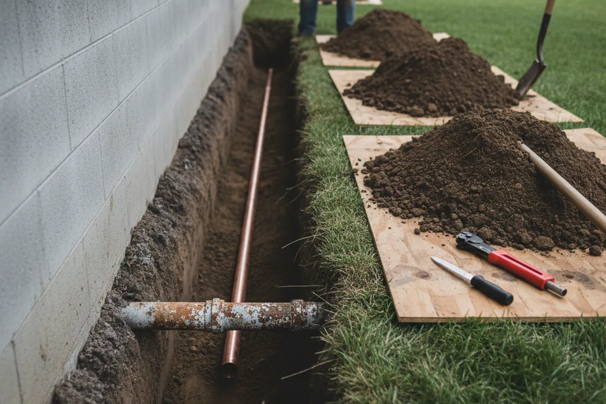 Excavated water line trench during Sewer Line Repair in Taylors